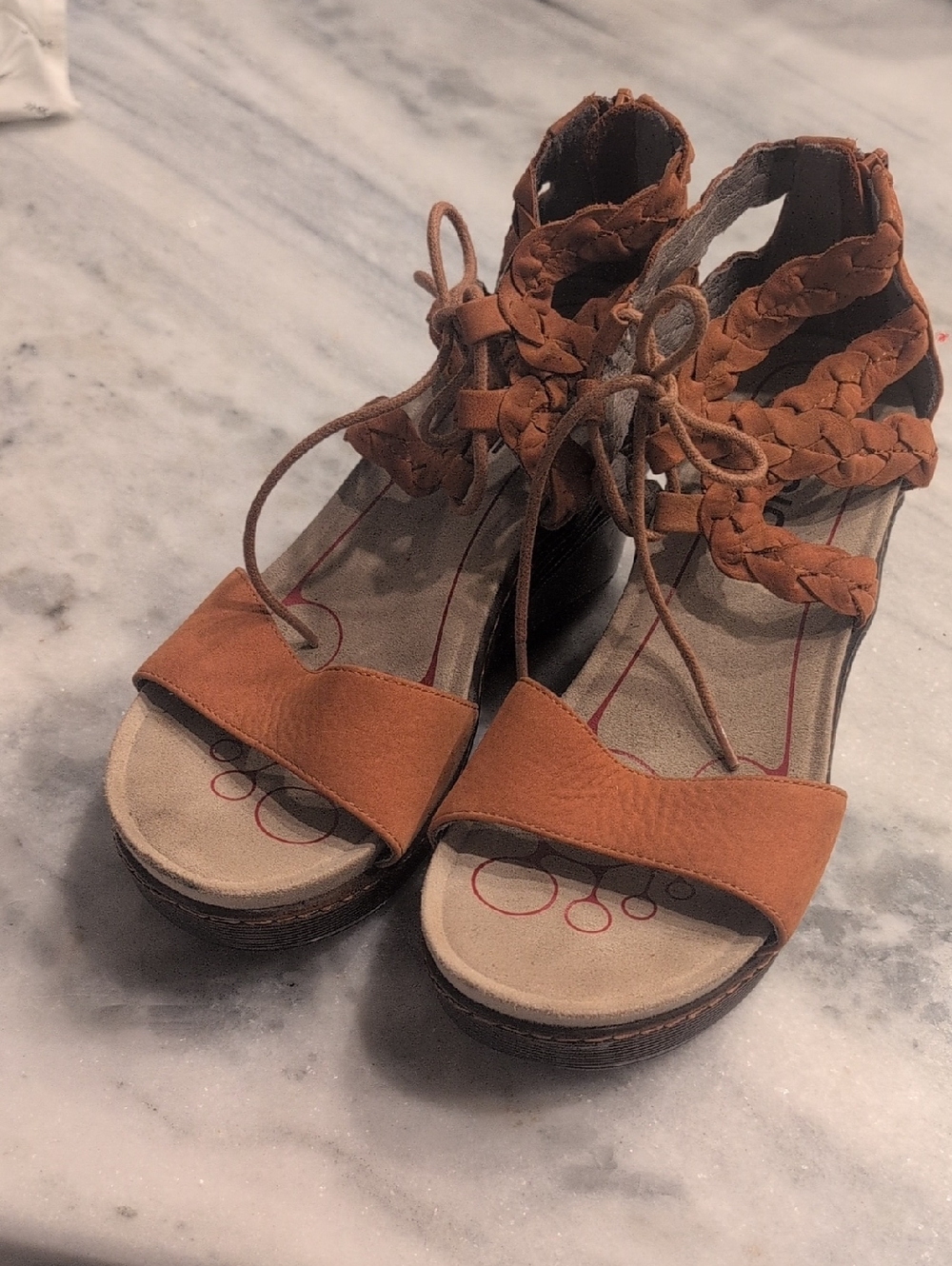 Bionica Cognac Braided Lace-Up Wedge Sandals